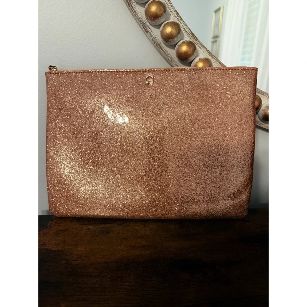Kate Spade New York Rose Gold Glitter Cosmetic Bag Makeup Pouch MLRU2389 NWOT
